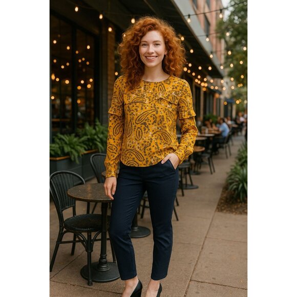 Abercrombie Fitch XS Mustard Paisley Floral Long Sleeve Ruffle Sheer Light Blous - Picture 9 of 14